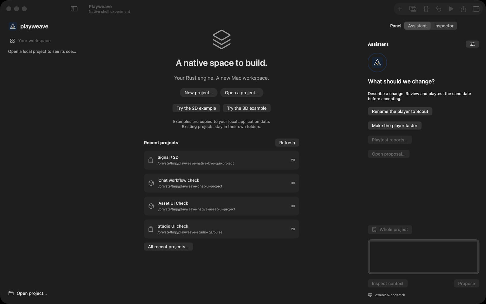 The Playweave app on its start screen: New project, Open a project, the 2D and 3D examples, and a list of recent projects, with the assistant panel on the right