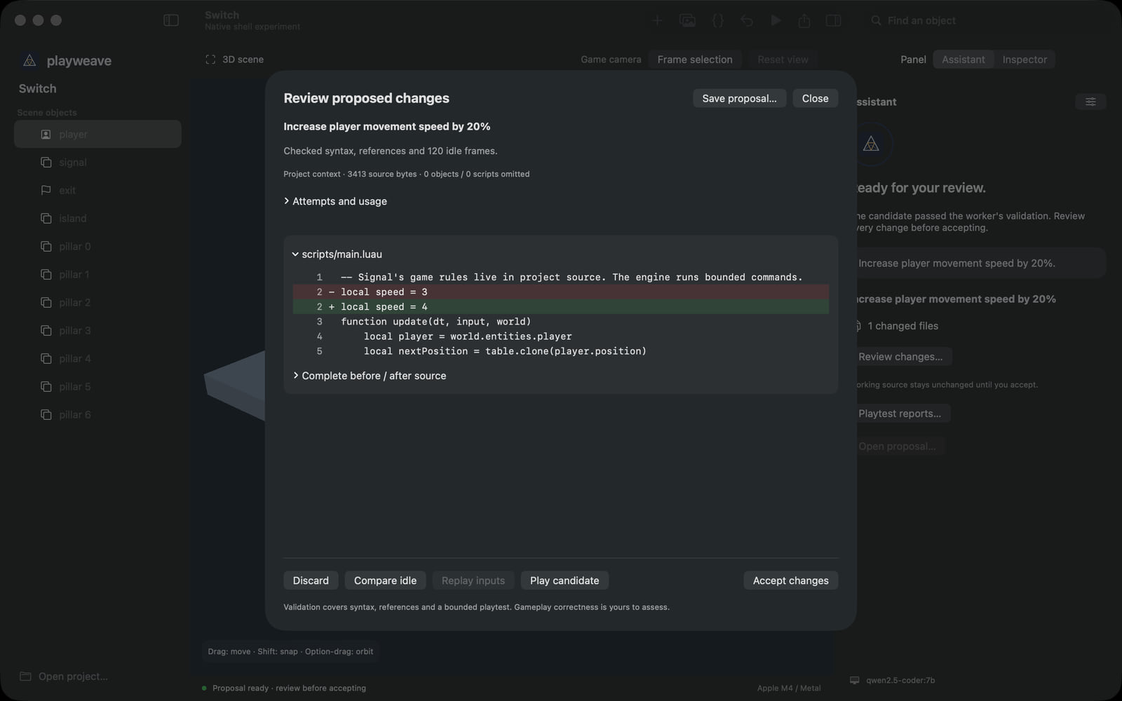 The Review proposed changes sheet: the request, the checks that passed, and a diff of scripts/main.luau with local speed = 3 removed and local speed = 4 added, above Discard, Play candidate and Accept changes buttons