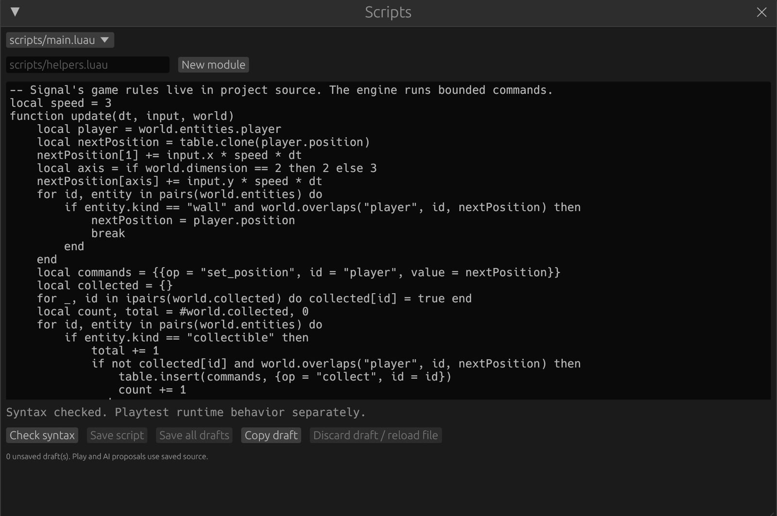 The Scripts window showing main.luau, the line local speed = 3 near the top, and the Check syntax, Save script and Copy draft buttons under the editor