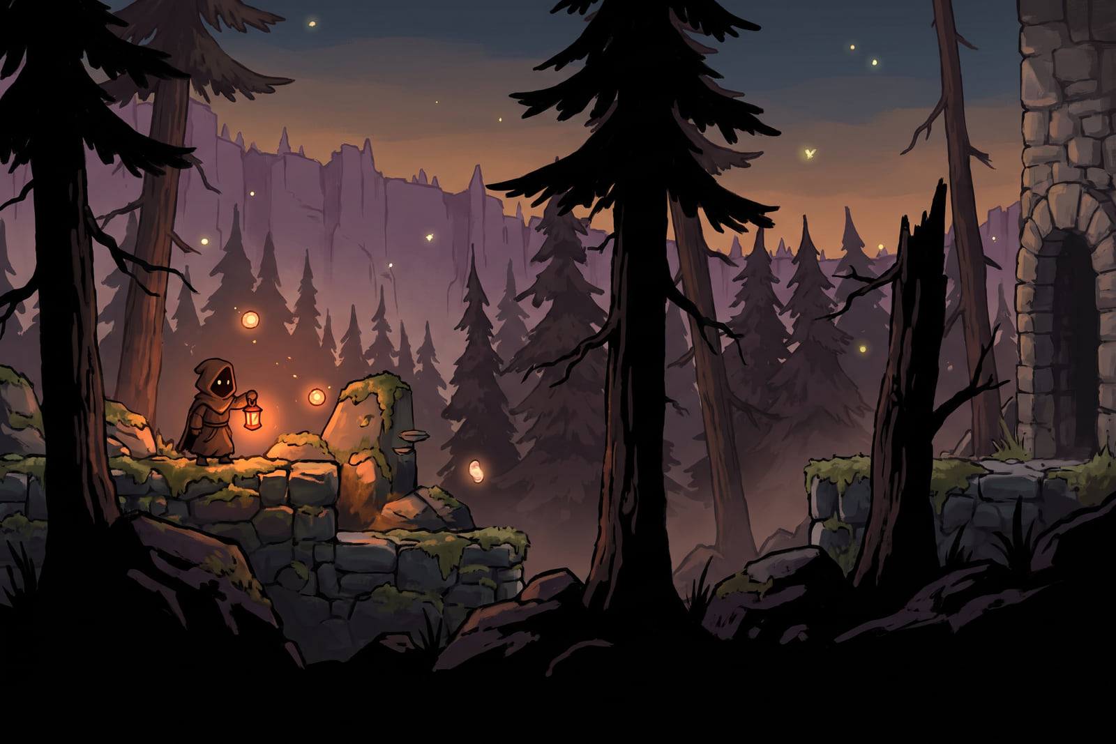 Lantern Hollow, a 2D platformer: a hooded lantern-bearer on mossy ledges in a dusk forest