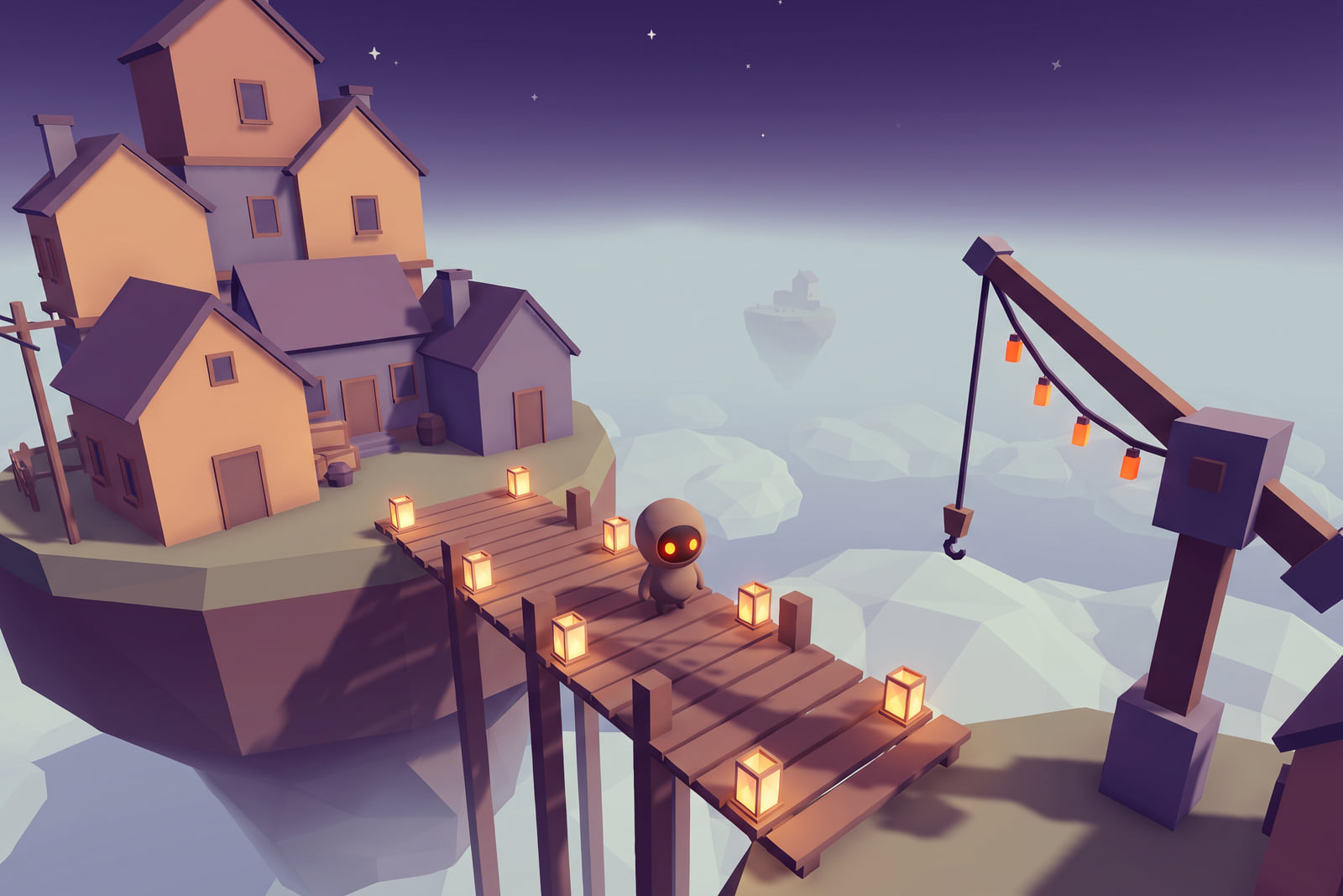 Skyharbor, a 3D game: a small character on a lantern-lit pier of a floating harbour island